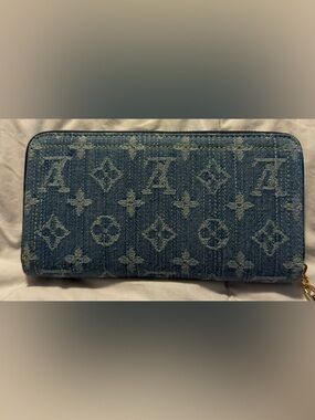 Fashionable Denim Monogram Zip Around Wallet in Blue
